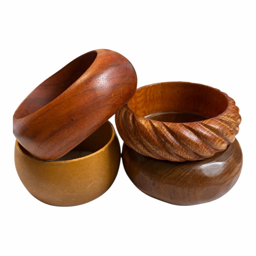 Set of Four Vintage Wood Bangle Bracelets Brown & Tan